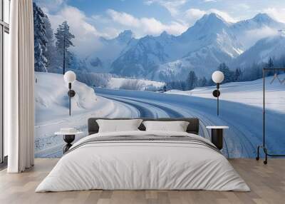 serene snowcovered mountain road winding through majestic alpine landscape tranquil winter scenery Wall mural