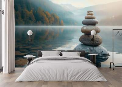 serene zen stone balance on a tranquil lake mindfulness and meditation concept Wall mural