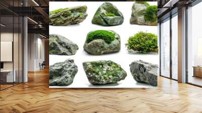 Set of natural moss-covered rocks and boulders isolated on white, nature and ecology concept Wall mural