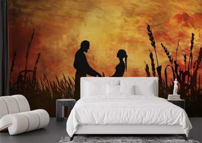 Silhouette of Boaz meeting Ruth in the grain field Wall mural