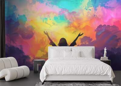 Silhouette of woman with raised hands praying against colorful cloudy sky, spiritual worship and faith concept illustration Wall mural