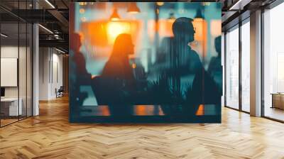 silhouettes of diverse people collaborating and working together in a blurred coworking office space teamwork and cooperation concept toned image Wall mural