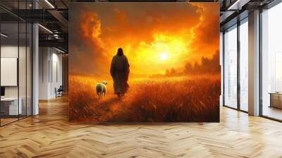 spiritual allegory painting jesus walking with lamb through golden wheat field at sunset warm ethereal light symbolic imagery peaceful atmosphere embodying divine guidance and protection Wall mural