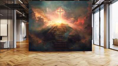 Stairway to heaven leading to glowing cross, spiritual journey to salvation and enlightenment, digital illustration Wall mural