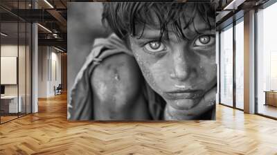 starving childs sorrowful gaze powerful portrait capturing poverty and hunger black and white photography Wall mural