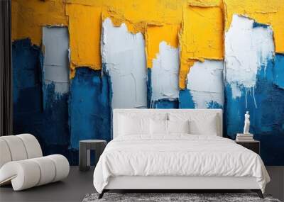 street art mural with abstract drips and sprays vibrant blues whites and yellows urban decay aesthetic textured wall surface Wall mural