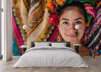 stunning mexican woman with traditional hairstyle and colorful textiles portrait photo Wall mural