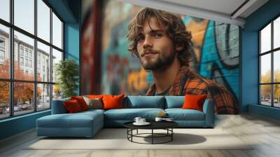 stylized portrait of a teenage boy with a rugged beard tousled hair and casual attire set against an urban graffiti backdrop exuding cool confidence Wall mural