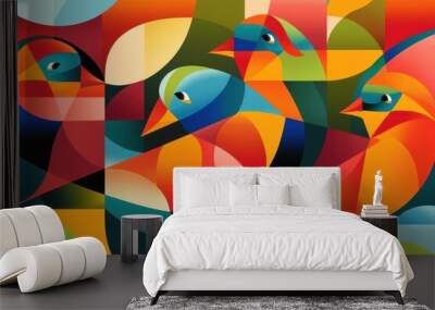 stylized tropical birds in vivid colors geometric shapes form abstract feathers and beaks overlapping transparent layers create depth and movement bold contemporary graphic design aesthetic Wall mural