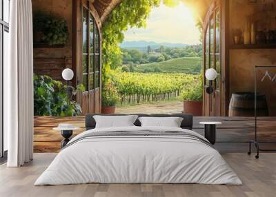 sundrenched vineyard vista seen through rustic open window empty wooden table in foreground perfect for product placement Wall mural