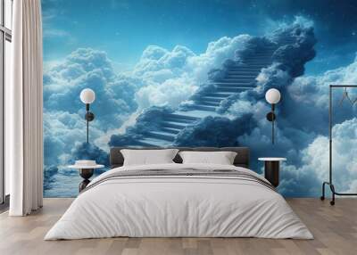 surreal staircase of books ascending into a cloudy sky represents the pursuit of knowledge and personal growth through education and learning Wall mural