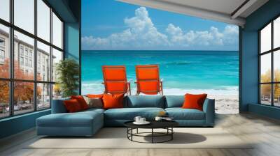 Tangerine orange and aqua blue tropical beach escape Wall mural