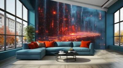 towering spiral of shimmering holographic coins reaching towards a futuristic cityscape glowing energy threads connect coins sleek metallic aesthetic with dynamic lighting Wall mural