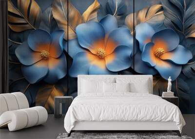 triptych of modern 3d floral wall art in shades of blue and gold abstract design Wall mural