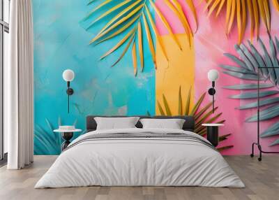 tropical bright colorful background with exotic painted palm leaves minimal summer fashion concept Wall mural