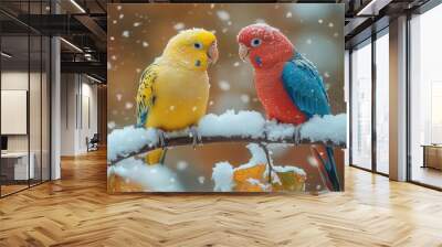 two colorful parakeets perched on snowcovered branch soft winter scene with delicate snowflakes falling Wall mural