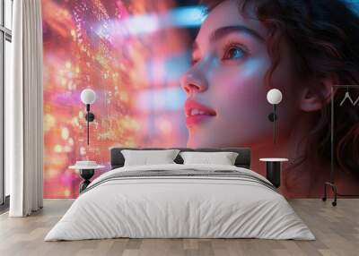 two women admiring a futuristic digital landscape surrounded by glowing technology and vivid colors embodying exploration and innovation in a captivating visually striking atmosphere Wall mural