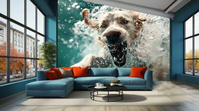 underwater action shot of dog diving dynamic pet photography digital composite Wall mural