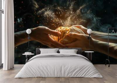 united in faith photorealistic hands sharing communion bread powerful black background Wall mural