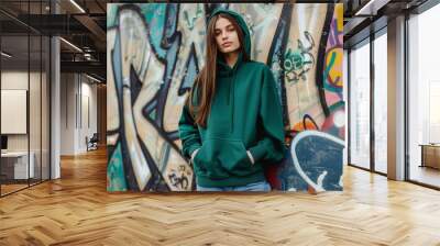 urban chic young woman in green hoodie against graffiti wall clothing mockup Wall mural