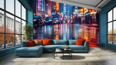 urban reflections rainy city street mirrored in puddles neon signs and car lights create colorful blur atmospheric night scene capturing citys vibrant energy Wall mural