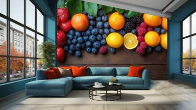 vibrant assortment of summer fruits elegantly arranged on a rustic wooden table with lush green leaves adding freshness bright colors pop against a natural backdrop Wall mural