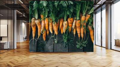 vibrant bunch of freshly harvested carrots with lush green tops earthy tones and organic textures highlight the beauty of farmfresh produce and healthy eating Wall mural