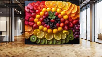 vibrant fruit and vegetable mandala intricate circular arrangement spectrum of colors macro textures chiaroscuro lighting Wall mural