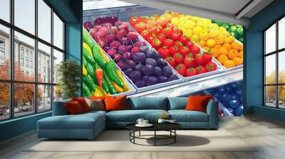 vibrant rainbow of fresh produce tempting shoppers in chilled costco display celebrating abundance of healthy food options digital illustration Wall mural