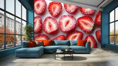 vibrant strawberry slices in dynamic arrangement macro photography high contrast on white background juicy texture seeds visible bright red hues Wall mural