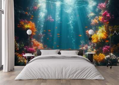 vibrant underwater paradise a bustling coral reef teeming with colorful fish and marine life shafts of sunlight pierce the crystalclear turquoise waters illuminating the intricate ecosystem below Wall mural