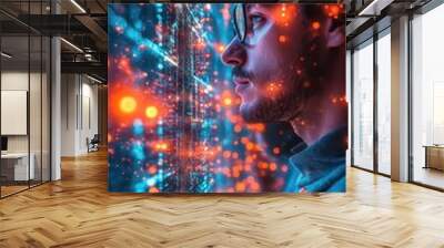 visual depiction of cybersecurity experts evaluating blockchain technology surrounded by digital matrices and glowing networks emphasizing innovation in the field of cybersecurity Wall mural