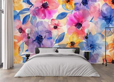 watercolor floral pattern in vibrant hues creating seamless and enchanting design for fabric or wallpaper Wall mural