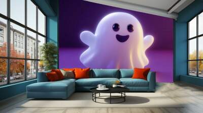 whimsical 3d halloween pumpkin ghost floating on rich purple background playful spooky expression ethereal glow blending cute and eerie aesthetics Wall mural