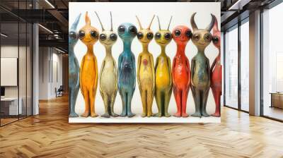 whimsical alien characters arriving with friendly smiles embodying the spirit of curiosity and peace against a bright inviting white background sparking imagination Wall mural