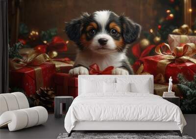 whimsical scene of an adorable puppy unwrapping christmas presents festive charm with ribbons wrapping paper and holiday decorations Wall mural