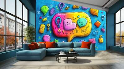 whimsical speech bubble filled with vibrant doodles and symbols representing creative communication playful illustration style on clean background Wall mural