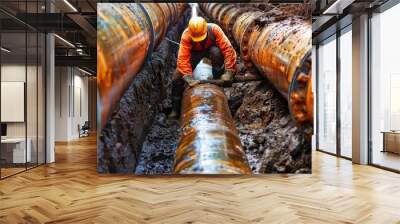 worker installing underground pipes utility construction infrastructure maintenance industrial work digital photography Wall mural