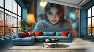 young asian woman working on laptop in cozy cafe soft natural light illuminating her face blurred background of warm interior creating serene atmosphere Wall mural