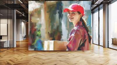 young delivery woman delivering a package efficient service with space for text and copy digital painting Wall mural