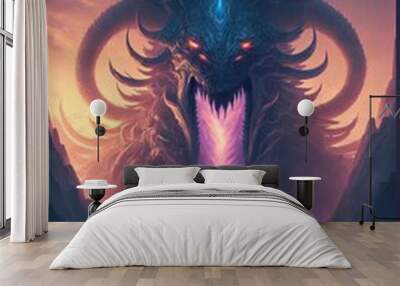 brave traveler battles with giant terrifying monsters. fantasy giant monster in concept Norse Mythology. digital art style, illustration painting. Wall mural