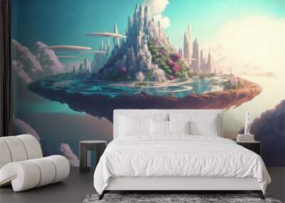 Floating Future city skyline. concept fantasy skyscrapers, towers, tall buildings. Wall mural