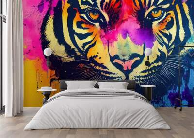 isolated tiger watercolour splashes with ink painting, llustration art Wall mural