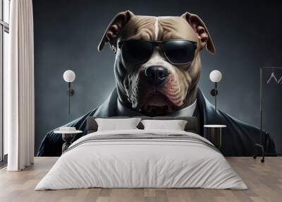 Pitbull dog as mafia bodyguard wearing black sunglasses. Wall mural