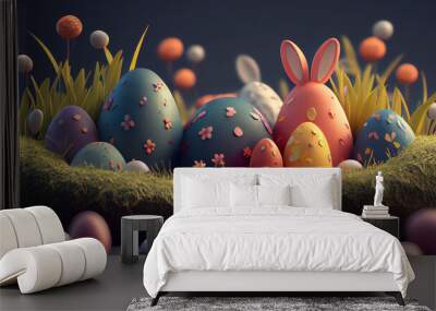 Happy easter background with easter eggs, Generative AI Wall mural