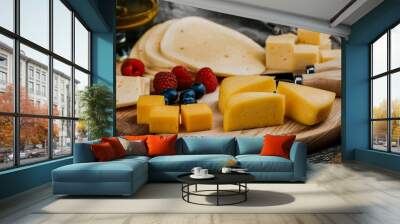 Cheese dish with organic cheeses, fruits, nuts on a wooden background. Delicious cheese snack Wall mural