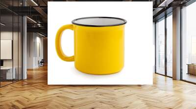 Side view of empty yellow enamel coffee mug isolated on white background. Wall mural