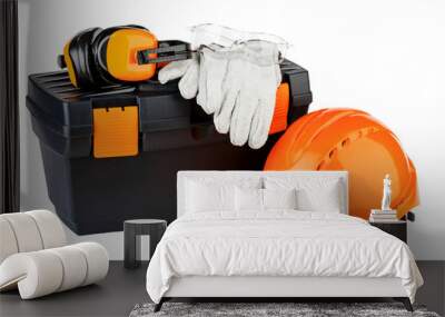 tool box with orange helmet and various hand tools Wall mural