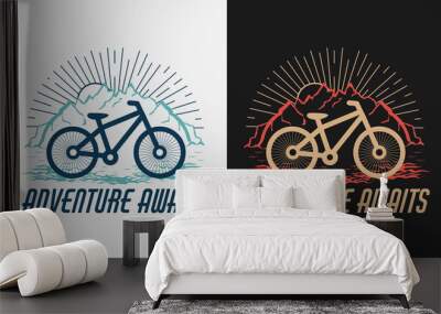 adventure awaits with cycle, mountain and sunrise, vector modern logos of camping theme, suitable for apparel, mug, t-shirt design and many others, vector illustration Wall mural