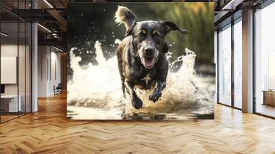 Black labrador dog running in water over grass created using generative ai technology Wall mural